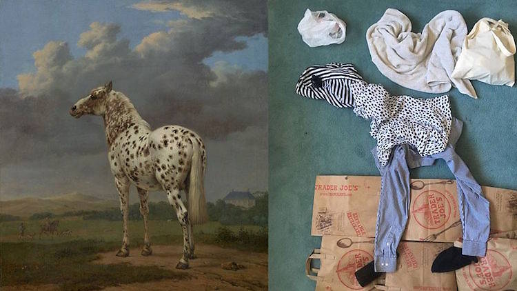 Peinture d'un cheval et son imitation par des vêtements posés sur le sol